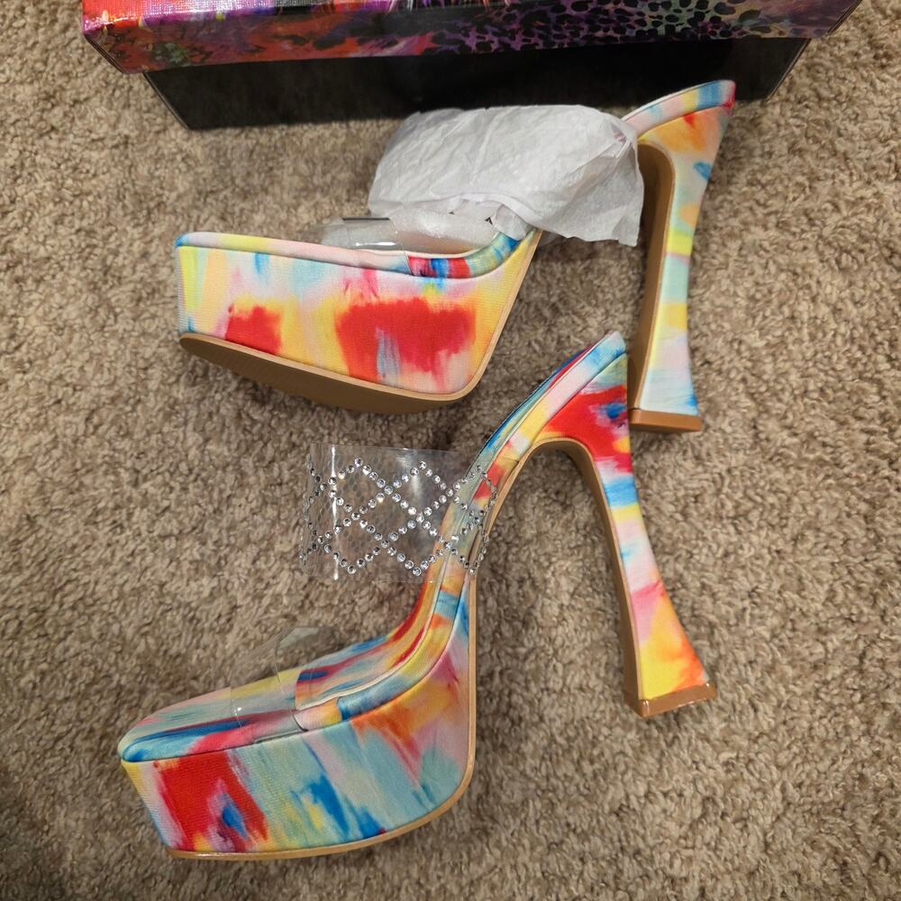 NIB Cape Robbin Rika clear rhinestone-accented straps platform flared heels sz 7 - Picture 4 of 8